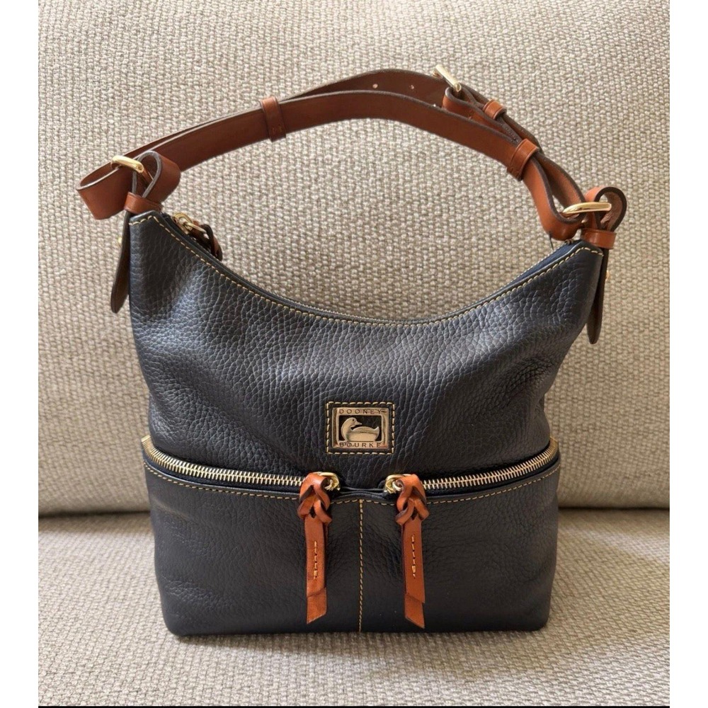 Dooney & Bourke Navy Pebbled Leather Hobo Shoulder Bag with Tan Trim